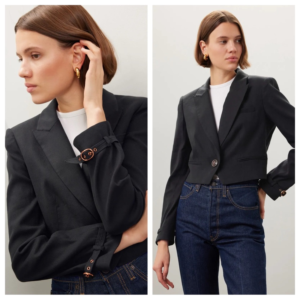 Veronica Beard Girard Buckle Arm Cropped Blazer in Black